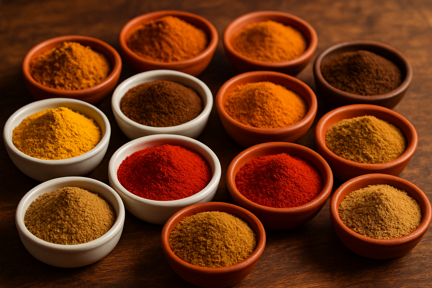 All powdered spices filled in small cups 