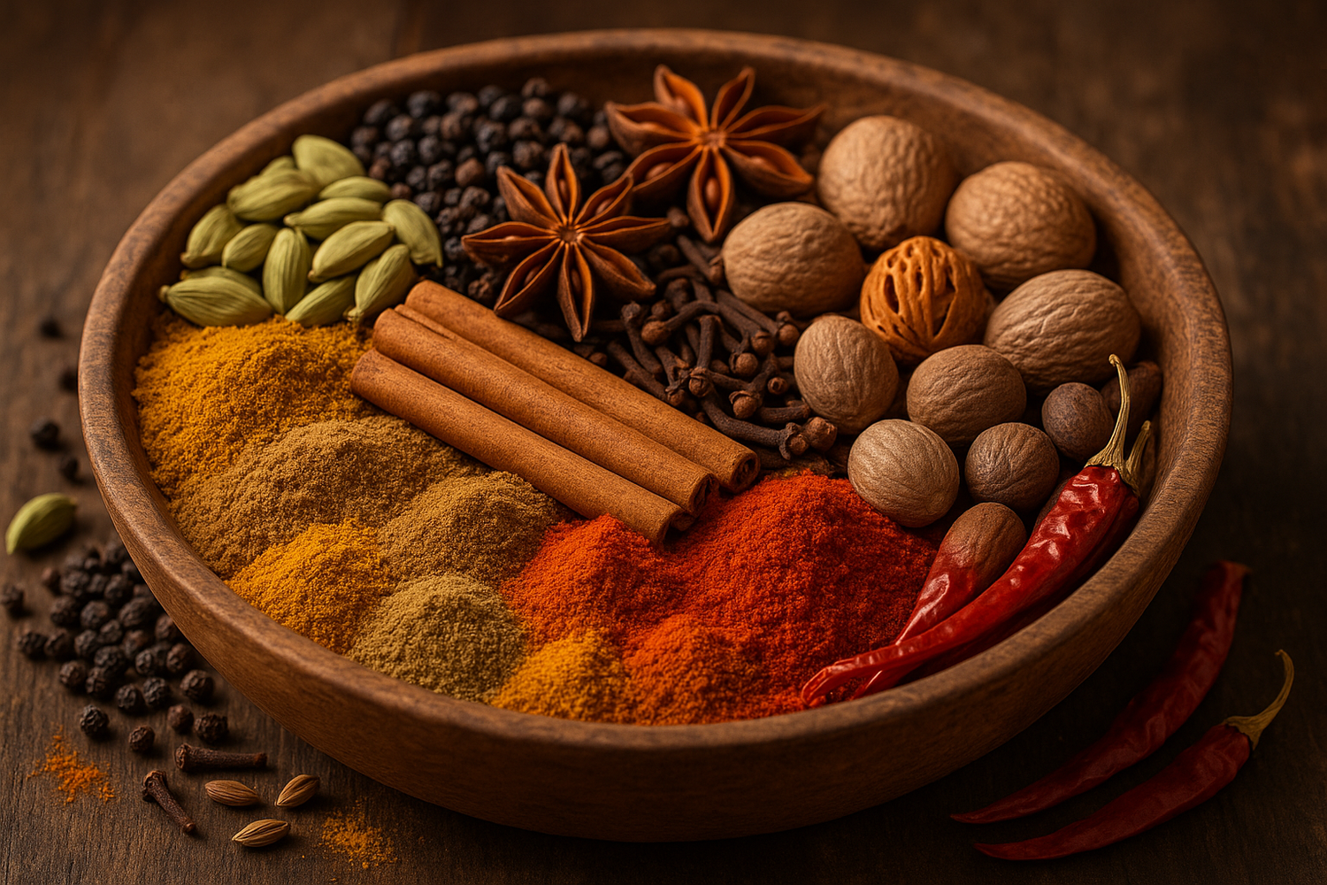Cardomom, pepper, clove,star anise , cinnamon roll , nutmeg flower, nutmeg shell,chilli,chilli powder ande other powders all together in big bowl
